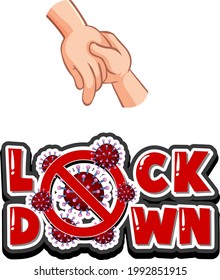 Lockdown font design with virus spreads from shaking hands on white background illustration