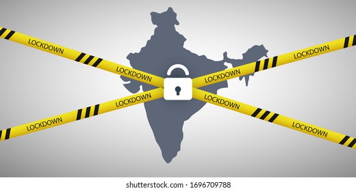 Bloqueo en India - Concepto de diseño de vectores con Mapa de India, Línea Cordón y Padlock - Orden de control de movimientos, Restricciones estatales de emergencia para combatir contra la propagación del Coronavirus