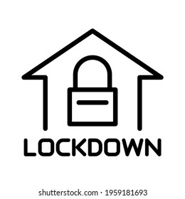 Lockdown. Lock placed in the middle of house. Simple design. Line vector. Isolated on white background.