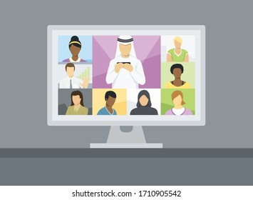 Las Personas Con Bloqueo Trabajan En Casa. Concepto de cuarentena del vector Coronavirus. Gente En Autoaislamiento Hace Videoconferencia De Llamadas