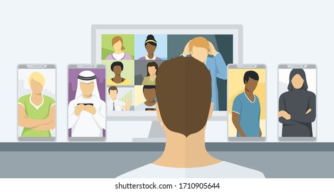 Lockdown People Work At Home. Vector Coronavirus Quarantine Concept. People On Self Isolation Make Video Call Conference