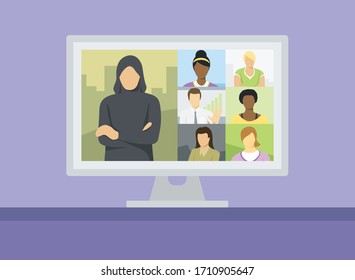 Las Personas Con Bloqueo Trabajan En Casa. Concepto de cuarentena del vector Coronavirus. Gente En Autoaislamiento Hace Videoconferencia De Llamadas