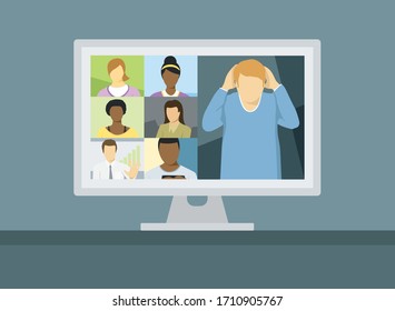 Lockdown People Work At Home. Vector Coronavirus Quarantine Concept. People On Self Isolation Make Video Call Conference
