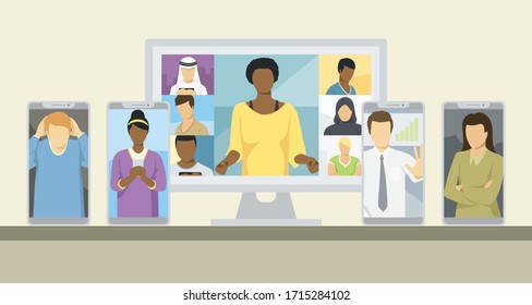 Las Personas Con Bloqueo Trabajan En Casa. Concepto de cuarentena del vector Coronavirus. Gente En Autoaislamiento Hace Videoconferencia De Llamadas