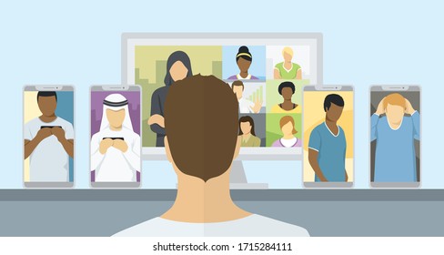 Las Personas Con Bloqueo Trabajan En Casa. Concepto de cuarentena del vector Coronavirus. Gente En Autoaislamiento Hace Videoconferencia De Llamadas
