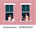 Lockdown. Quarantine life. Window frames with neighbors. Romantic relationship. Woman and man. Colorful vector illustration in modern flat style.