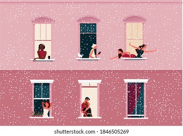 Lockdown. Quarantine Life. Window Frames With Neighbors Celebrating Christmas Or New Year. Snow. Colorful Vector Illustration In Modern Flat Style.