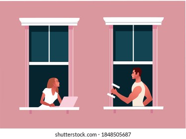 Lockdown. Quarantine Life. Window Frames With Neighbors. Romantic Relationship. Woman And Man. Colorful Vector Illustration In Modern Flat Style.