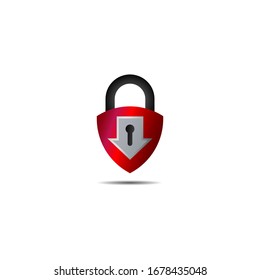Ilustración del signo de bloqueo aislada en fondo blanco. Candado metálico rojo con icono de forma flecha abajo. Concepto del logotipo de seguridad. Elemento de diseño de protección. Bloquear plantilla de logotipo