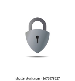 Lockdown sign illustration isolated on white background. Silver Metalic shield padlock shape icon. Security logo concept. Protection design element. Lock logo template
