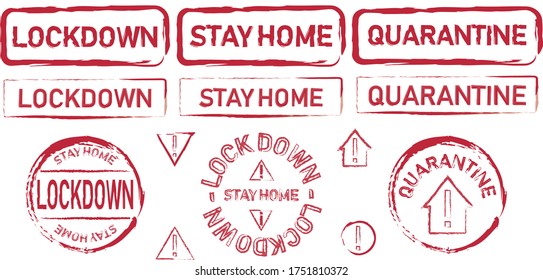 Lockdown, stay home and quarantine stamps in red