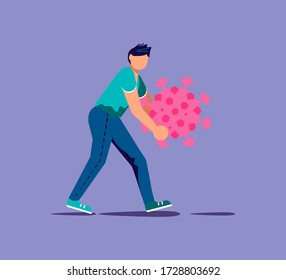Lockdown and Stay Home Time End, Quarantine Finish concept. Man sweeps clean area from dead viruses. Flat Art Vector Illustration