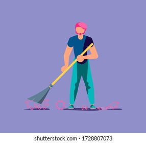 Lockdown and Stay Home Time End, Quarantine Finish concept. Recovery business after Pandemic COVID-19 outbreak 2020. Man sweeps dead viruses. Flat Art Vector Illustration