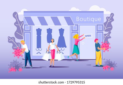 Lockdown and Stay Home Time End, Pandemic Quarantine Finish concept. Recovery business after Economic crisis caused by coronavirus. Shop owner sweeps dead viruses. Flat Art Vector Illustration