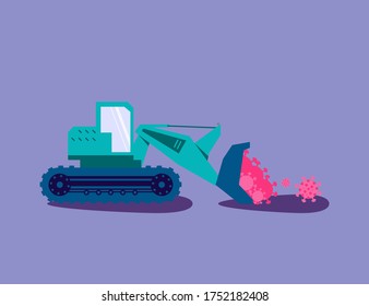 Lockdown and Stay Home Time Ends, Quarantine Finish concept. Tractor cleans area from dead viruses. Flat Art Vector Illustration