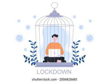 Lockdown To Stop COVID-19 Coronavirus With Cage or Virus Barrier Tape Over The City In Normal Operation. Background Landing Page Illustration