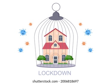 Lockdown To Stop COVID-19 Coronavirus With Cage or Virus Barrier Tape Over The City In Normal Operation. Background Landing Page Illustration