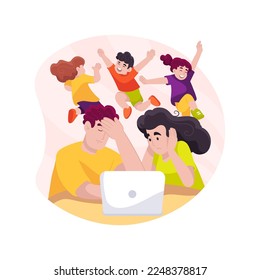 Lockdown stress isolated cartoon vector illustration. Adult stress during lockdown, parent working at computer with children playing around, holding head, homeschooling problem vector cartoon.