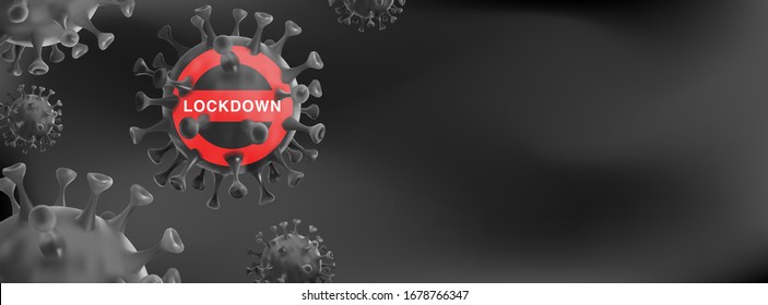 Blockdown-Text mit 3D-mikroskopischem Objekt neuartiger Coronavirus-Vektorillustration-Hintergrund. (2019-nCoV) in Porzellan. Vorlage für Coronavirus-Quarantäne