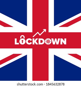  Lockdown Text Logo on UK Union Jack Flag Banner with Coronavirus Lockdown Icons. Coronavirus Cell Icon, Padlock Icon, Rising Graph Icon. UK to enter 2nd Second National Lockdown