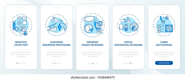 Lockdown travel rules onboarding mobile app page screen with concepts. Service optimization walkthrough 5 steps graphic instructions. UI vector template with RGB color illustrations