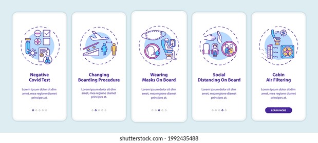 Lockdown travel rules onboarding mobile app page screen with concepts. Negative Covid test walkthrough 5 steps graphic instructions. UI vector template with RGB color illustrations