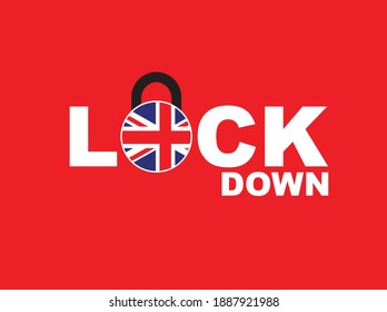 Lockdown UK Again. United Kingdom lockdown concept. UK flag with lock. vector illustrations.