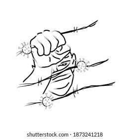 Lockdown vector illustration hand drawn concept. Man with mask behind the barbed wire with cover molecules cells. Black and white lockdown concept vector.