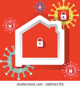 vector de diseño de palabras de bloqueo. Icono del hogar y ilustración de cuarentena del coronavirus de fondo rojo.