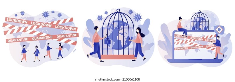 Lockdown in world countries. Warning stripes quarantine with Earth map. Stop COVID-19 Coronavirus. Danger zone. Modern flat cartoon style. Vector illustration on white background