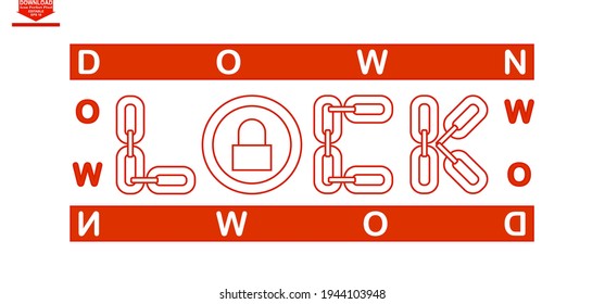 Lockdown writing design in red color isolated white background. inscription with a chain of interconnected ornaments