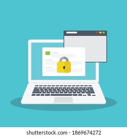 Locked access to document. Secure confidential document on a laptop, padlock on document, online access with private lock, illustration.