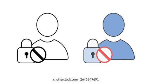 Ícone de conta bloqueada com usuário, cadeado e símbolo bloqueado, em estilos de estrutura de tópicos e cores, ideal para ilustrar cenários de bloqueio de conta, acesso restrito e aplicação de segurança de TI.