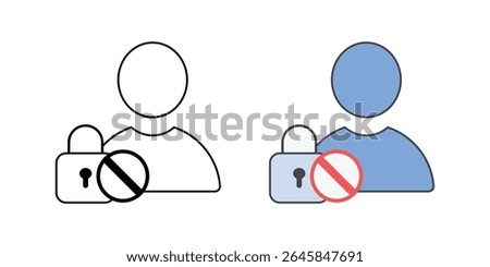 Locked account icon with user, lock, and blocked symbol, in outline and color styles, ideal for illustrating account lockout, restricted access, and IT security enforcement scenarios.