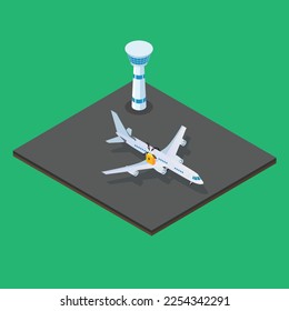 Locked airplane can not go anywhere at the airport 3d isometric vector illustration concept for banner, website, landing page, ads, flyer template