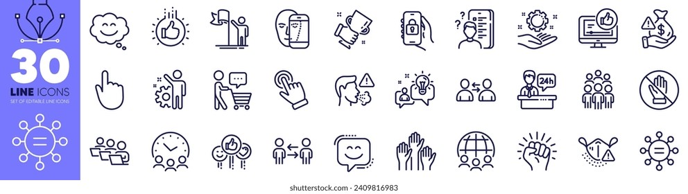 Locked app, Empower and Teamwork business line icons pack. Employee hand, Global business, Buyer think web icon. Corrupt, Idea, Medical mask pictogram. Voting hands, Reception desk, Cough. Vector