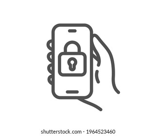 Locked app line icon. Hand hold phone sign. Cellphone with screen notification symbol. Quality design element. Linear style locked app icon. Editable stroke. Vector