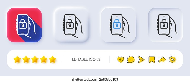 Icono de línea de App bloqueado. Neumórfico, Sombra plana, Botones 3D. Mantenga la mano la señal telefónica. Teléfono móvil con símbolo de notificación de pantalla. Icono de App de línea bloqueada. Iconos de redes sociales. Vector