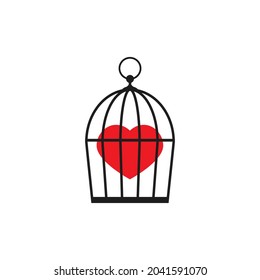 Locked  bird cage with red heart icon. Trap, imprisonment, jail concept. Hidden emotions and feelings. Secret unhappy  love.