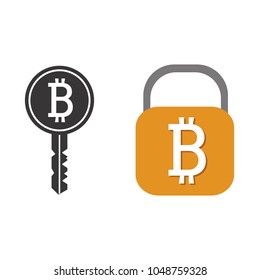 Locked bitcoin coin and key. Bitcoin security vector design concept. cryptocurrency vector illustration. Bitcoin security, safety, saving, protection concept. 