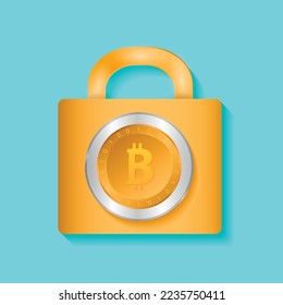 Locked bitcoin coin. Bitcoin security vector design concept. cryptocurrency vector illustration. Bitcoin security, safety, saving, protection concept. Bit coin cryptocurrency, blockchain.