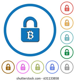 Locked Bitcoins flat color vector icons with shadows in round outlines on white background