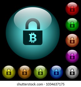 Locked Bitcoins icons in color illuminated spherical glass buttons on black background. Can be used to black or dark templates