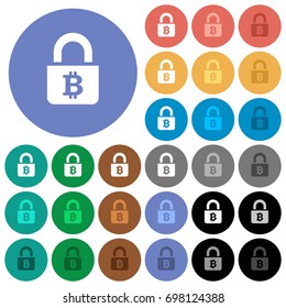 Locked Bitcoins multi colored flat icons on round backgrounds. Included white, light and dark icon variations for hover and active status effects, and bonus shades on black backgounds.