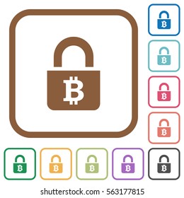 Locked Bitcoins simple icons in color rounded square frames on white background