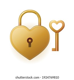 Locked bronze heart shaped padlock. Happy Valentines Day or wedding object, romantic love attribute. Holiday celebration realistic vector illustration on white background