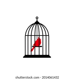 Locked cage with red bird icon. Trap, imprisonment, jail concept. Line silhouette of a cage for a canary. 