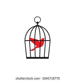 Locked cage with red bird icon. Trap, imprisonment, jail concept. Line silhouette of a cage for a canary.  Freedom, dream, happyness in cage. 