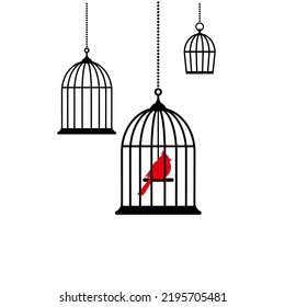 Locked cages with red bird icon. Trap, imprisonment, jail concept. Line silhouette of a cage for a canary. 