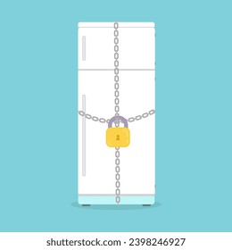 Locked and chained refrigerator, Food addiction concept. Vector illustration.